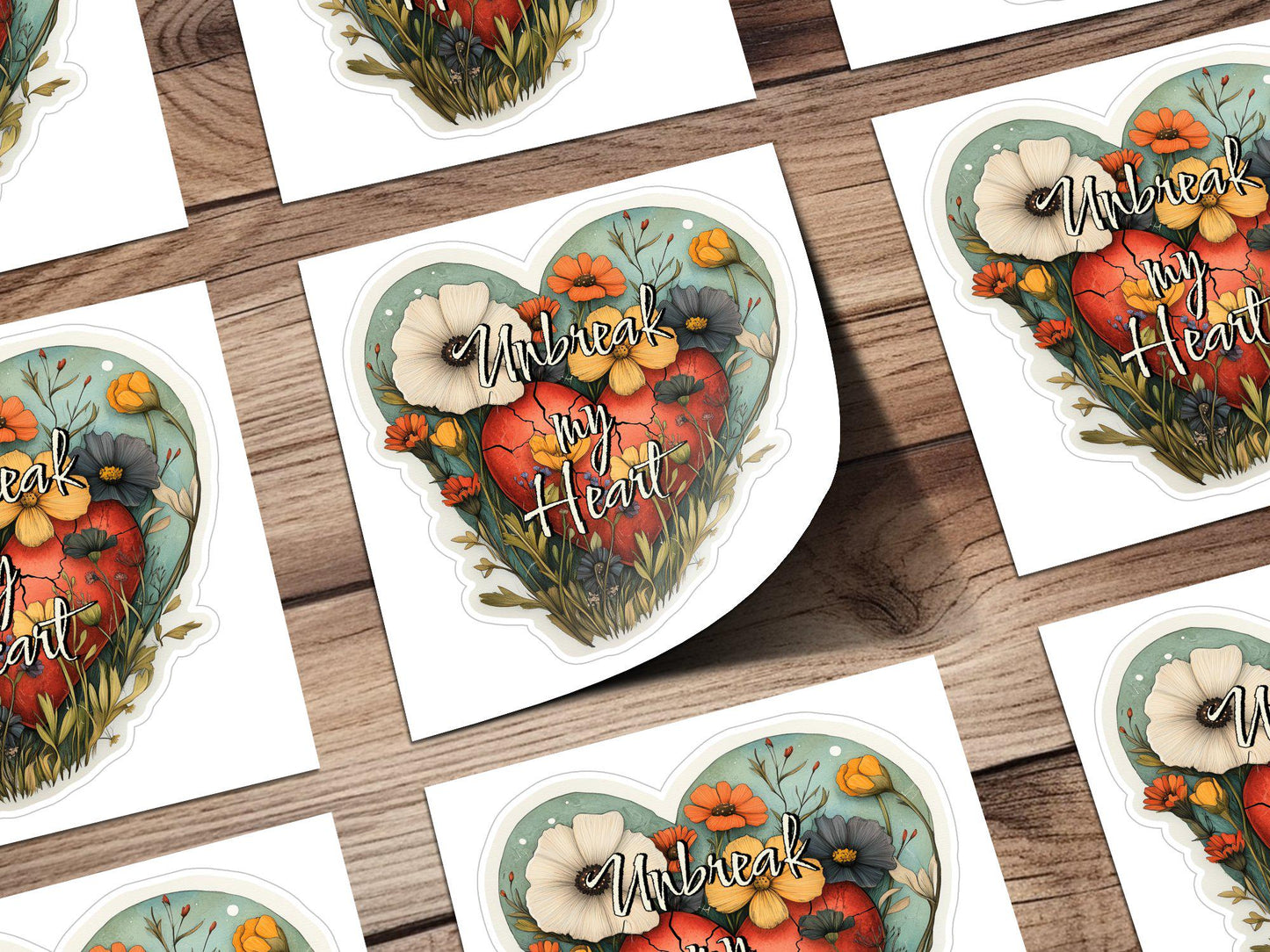 Floral Heart Shape Crack Pattern Sticker, Unbreak my Heart, Nature Inspired Art Decal, Unique Heartbreak Sticker for Laptop or Water Bottle