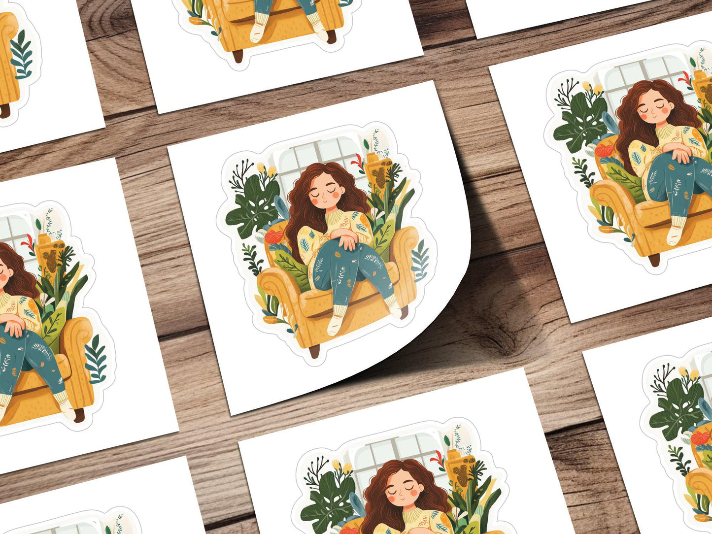 Cute Cozy Reading Girl Sticker, Relaxing Woman In Armchair, Cute Plant Lady Sticker, Book Lover Gift, Plant Lady Vinyl Decal