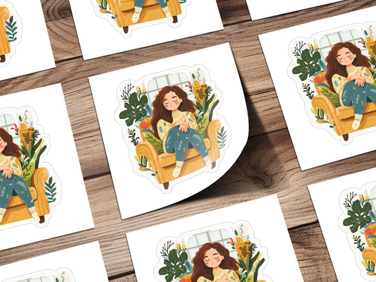 Cute Cozy Reading Girl Sticker, Relaxing Woman In Armchair, Cute Plant Lady Sticker, Book Lover Gift, Plant Lady Vinyl Decal