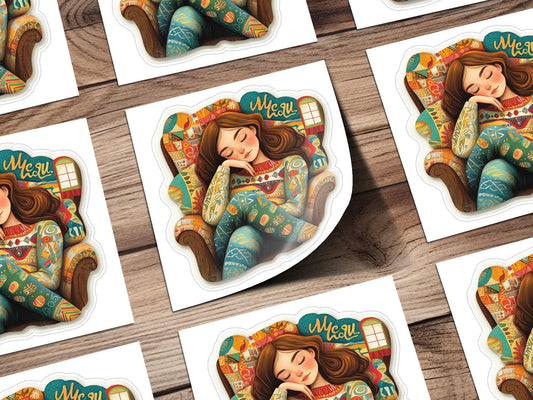 Cozy Girl Relaxing Sticker, Boho Art Sticker, Bohemian Cozy Vibes, Cute Girl Art Sticker, Colorful Aesthetic Sticker