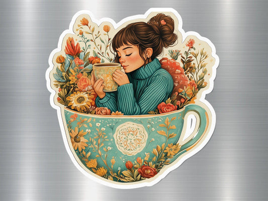Cute Girl in Teacup Illustration Magnet, Cozy Coffee Drinking Moment, Floral Cup of Tea Art, Cartoon Girl in Cup Magnet