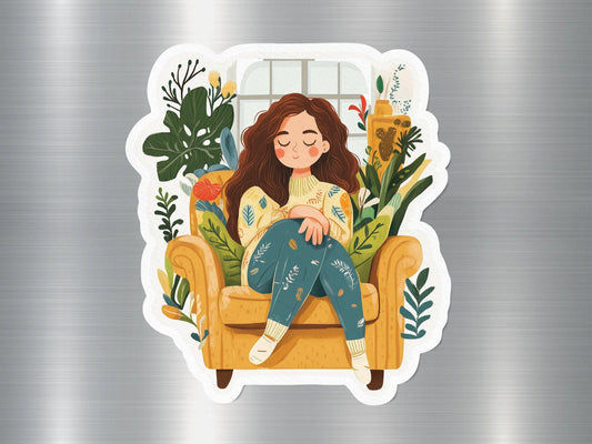 Cozy Reading Magnet, Relaxing Woman Art, Houseplant Illustration, Cute Caricature Magnet, Home Decor, Magnetic Art Print