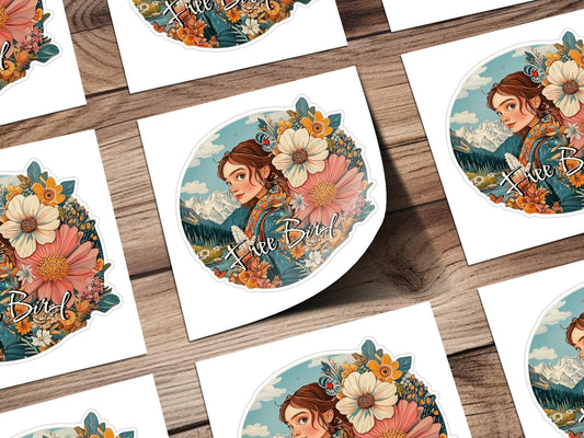 Free Bird Sticker, Adventure Girl Vinyl Decal, Floral Mountain Sticker, Artistic Outdoor Sticker, Colorful Nature Sticker, Boho Sticker