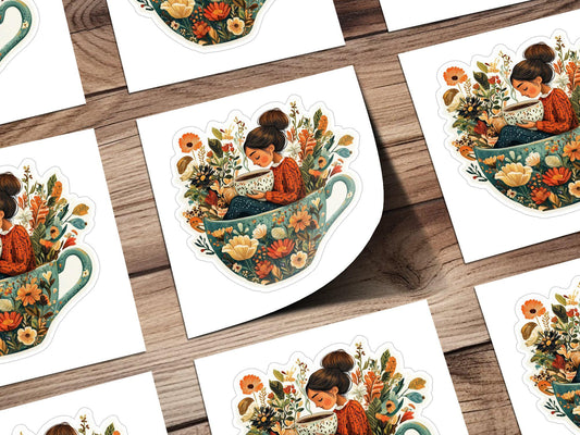 Boho Floral Girl Sticker, Cozy Teacup Stickers, Cute Botanical Stickers, Illustrated Tea Time Decal, Aesthetic Art Sticker