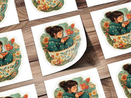 Cozy Girl in Tea Cup Sticker, Cute Floral Art Decal, Unique Graphic Sticker, Perfect Gift for Tea Lovers, Vibrant and Detailed Design