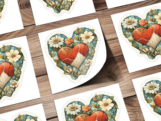 Vintage Heart Floral Sticker, Waterproof Heart Decal, Cute Flower Heart Sticker, Aesthetic Heart Plant Sticker, Laptop and Water Bottle
