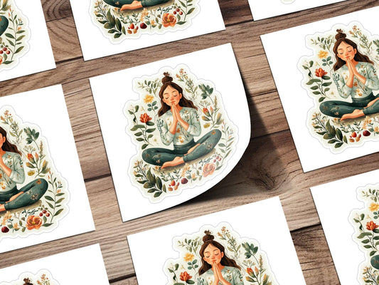 Yoga Meditation Sticker, Floral Meditation Art, Relaxation Yoga Pose, Inspirational Sticker, Spiritual Sticker for Laptops