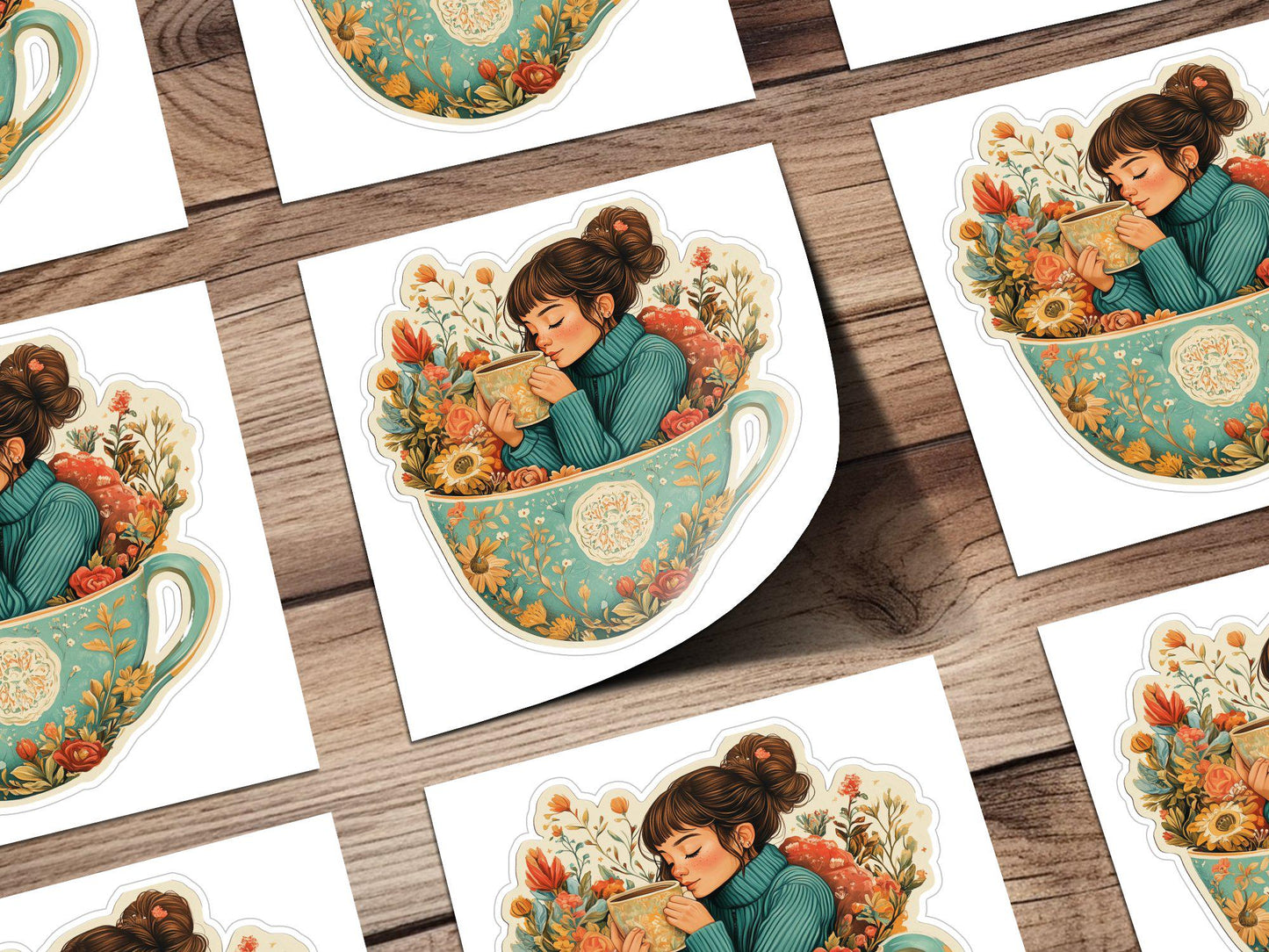 Cute Girl in Floral Teacup Sticker, Cozy Coffee Lover Sticker, Floral Art Sticker, Unique Aesthetic Sticker, Laptop Decor