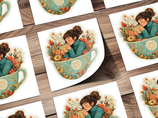 Cute Girl in Floral Teacup Sticker, Cozy Coffee Lover Sticker, Floral Art Sticker, Unique Aesthetic Sticker, Laptop Decor