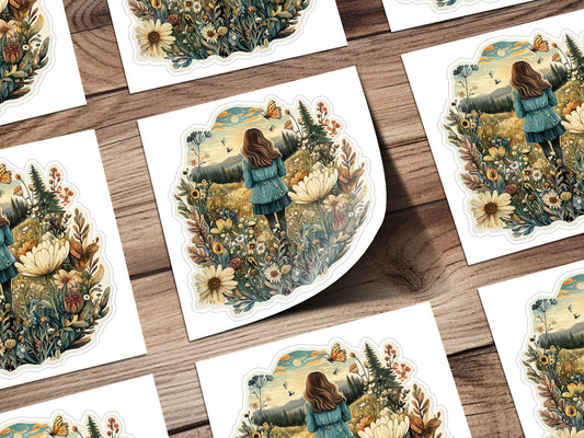 Nature Adventure Sticker, Girl in Flower Field Decal, Mountain Landscape Vinyl Sticker, Outdoor Scene Sticker for Laptops, Journals