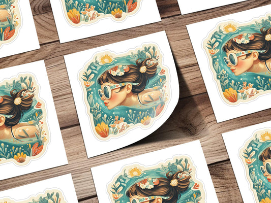 Artistic Girl Swimming Sticker, Watercolor Art, Flower Crown Decor, Summer Vibes, Nature Inspired, For Laptop, Water Bottle, Journal