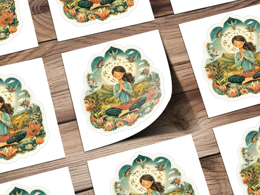 Yoga Peace Meditation Sticker, Zen Woman Nature Art, Spiritual Garden Sticker, Tranquil Scene, Mindfulness Decal, Boho Stickers