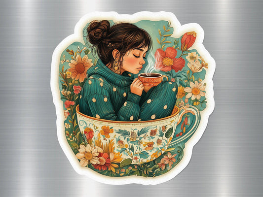 Cozy Girl in Teacup Magnet Art, Floral Accents Coffee Lover Gift, Cute Kitchen Decor, Refrigerator Magnet, Whimsical Home Decoration