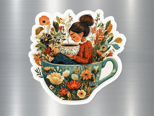 Whimsical Girl in Tea Cup Magnet, Floral Tea Lover Art Magnet, Cozy Home Kitchen Decor, Cute Fridge Magnet, Unique Tea Time Gift