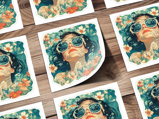 Dreamy Summer Girl in Water Sticker, Floral Adventure, Unique Mermaid Vibes, Water Reflections Art, Vibrant Illustration