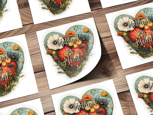 Floral Heart Shape Crack Pattern Sticker, Unbreak my Heart, Nature Inspired Art Decal, Unique Heartbreak Sticker for Laptop or Water Bottle