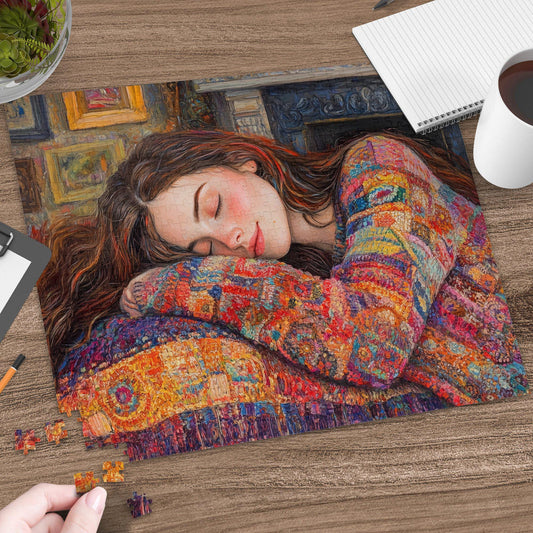 Beautiful 520 piece Art Puzzle, Colorful Dreamy Woman Puzzle, Unique Artistic Jigsaw, Cozy Home Decor Puzzle, Vibrant Wall Art Puzzle
