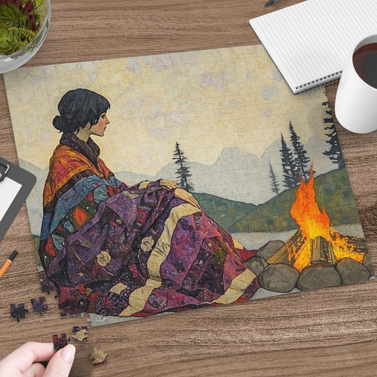 Serene 520 Piece Campfire Puzzle, Woman by Fire Jigsaw Puzzle, Calming Outdoor Scene Puzzle, Detailed Art Puzzle for Adults and Teens